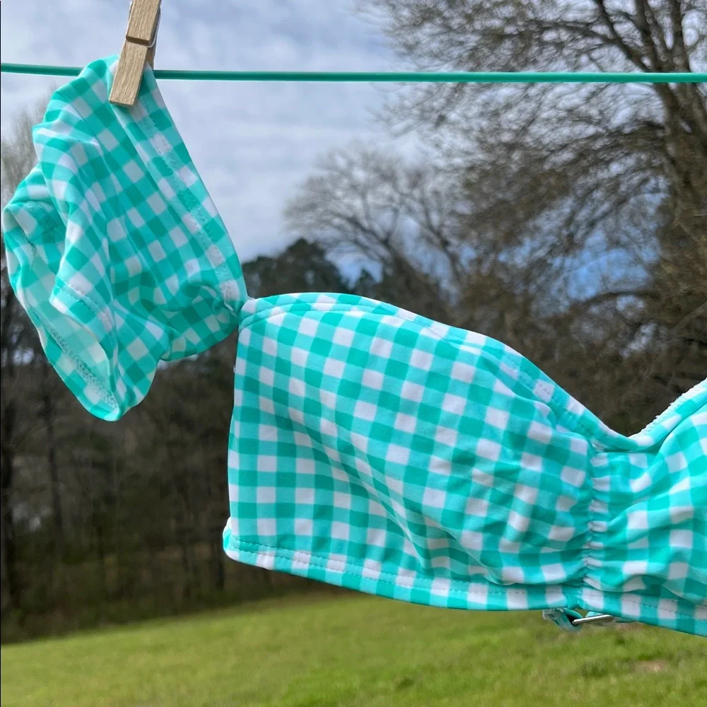 NWT $62 Gingham Off-The-Shoulder Bandeau Bikini Top in Aqua Mist by Lauren James